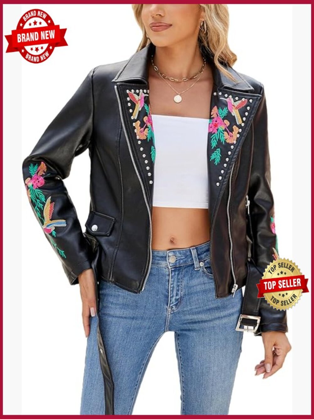 Faux Leather Embroidered Floral Moto Jacket Lightweight Coat